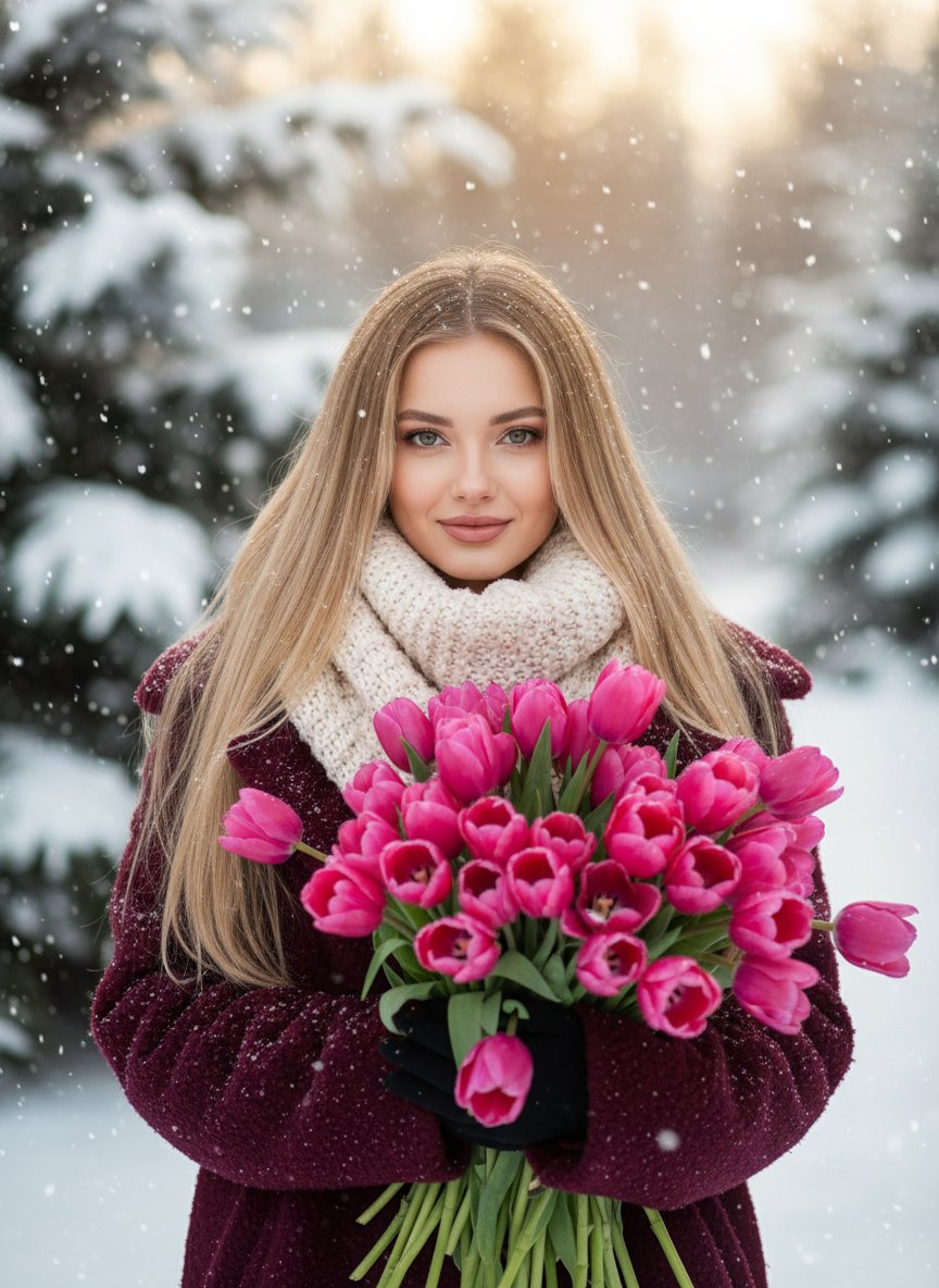 Фотосессия с тюльпанами зимой