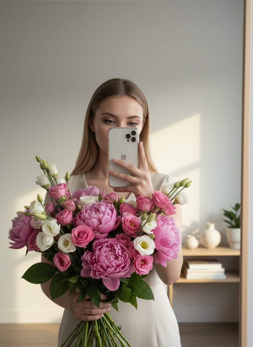 Селфи в зеркале с букетом