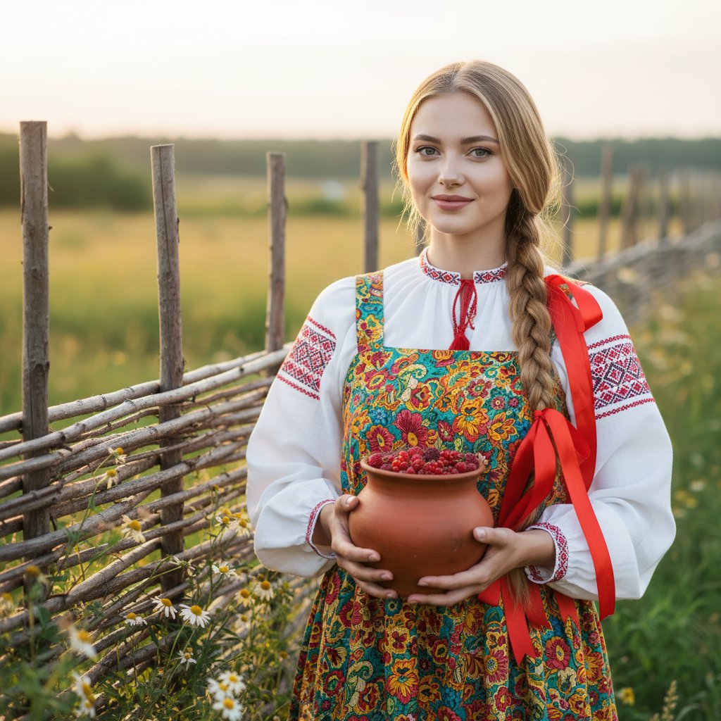 Девушка в сарафане у забора