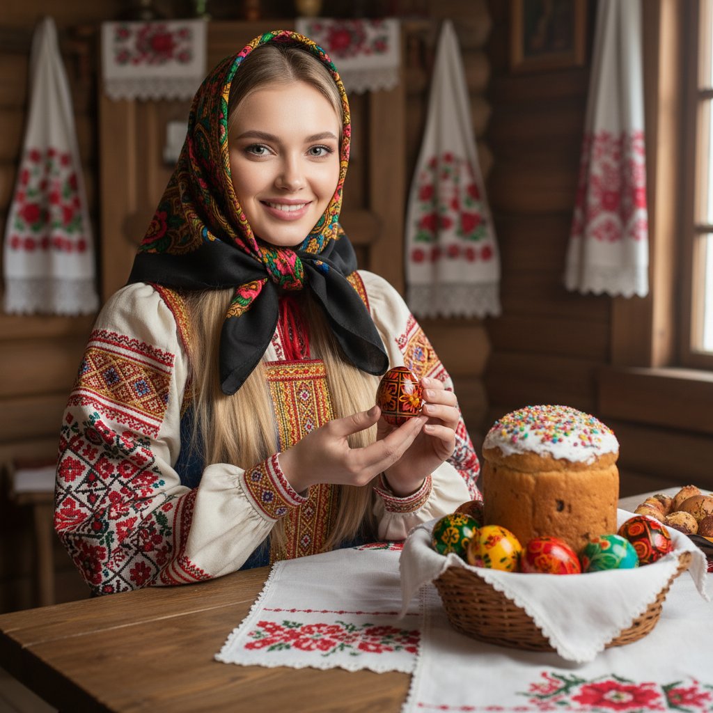 Русская красавица с пасхальным угощением