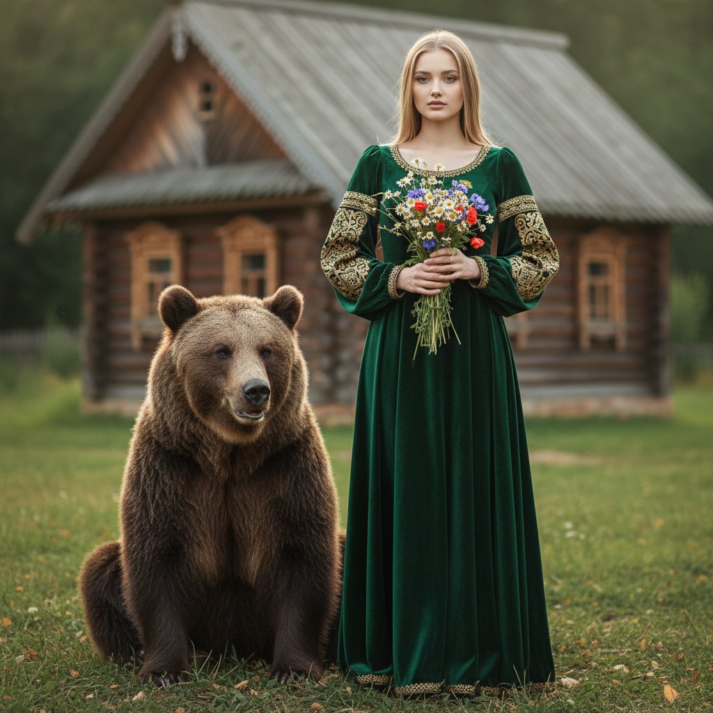 Девушка и медведь у избы