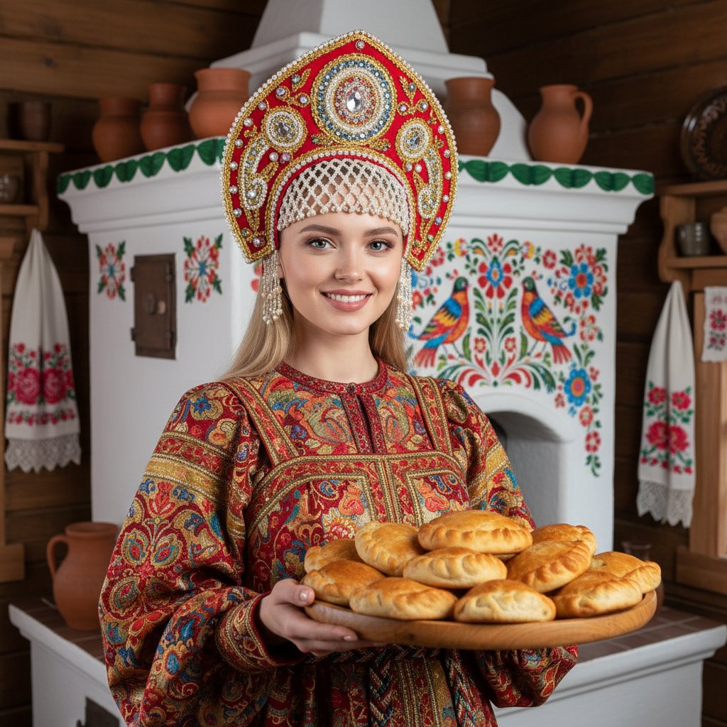 Русская красавица с угощениями