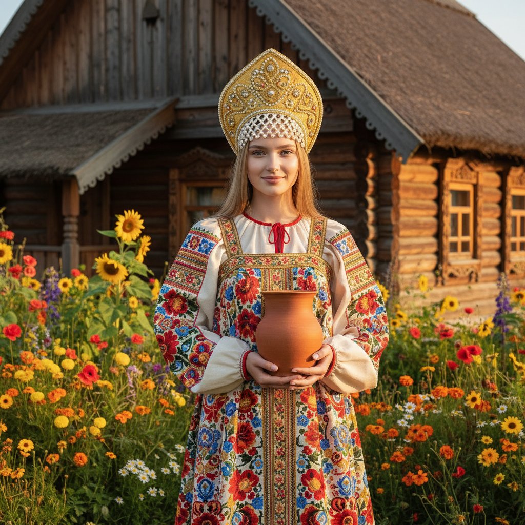 Девушка в сарафане у избы