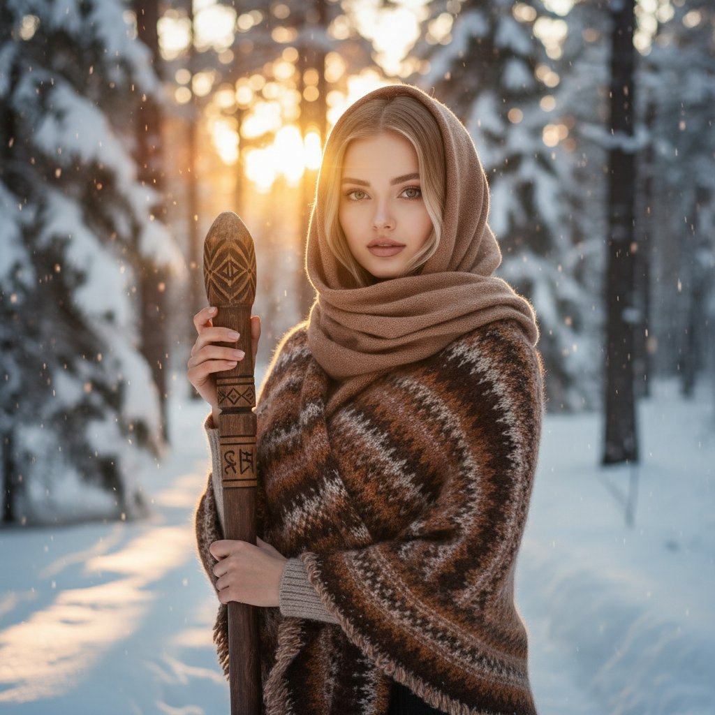 Женщина в зимнем лесу на закате