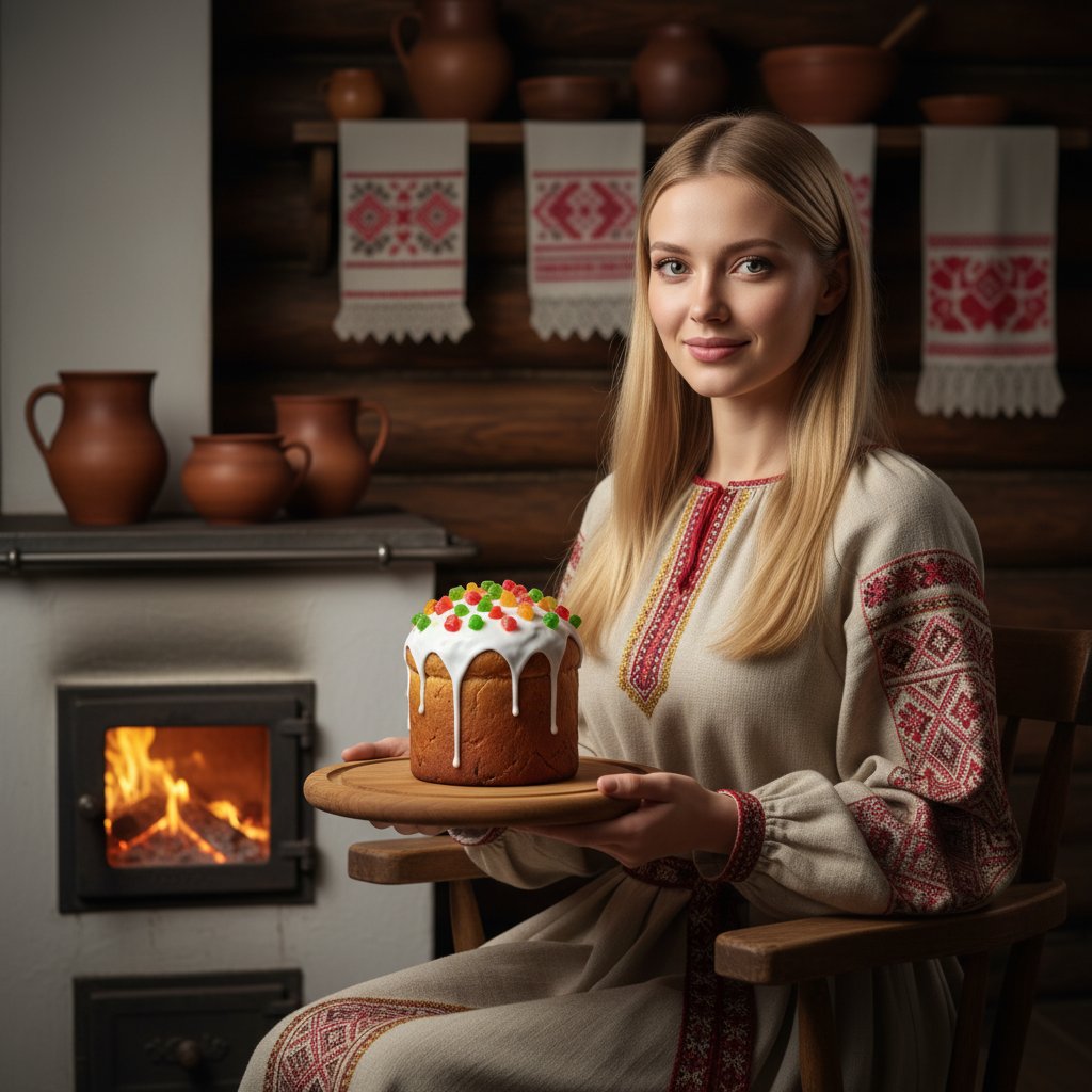 Уютная хозяйка с куличом у печи