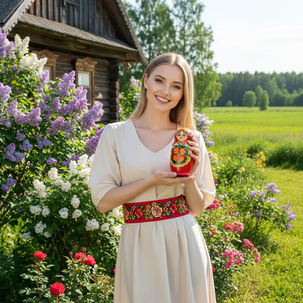 Женщина с матрёшкой у избы