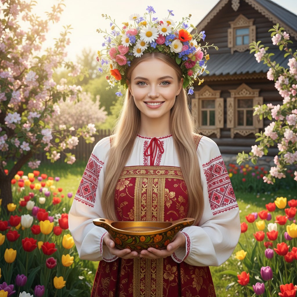 Девушка в русском наряде в саду