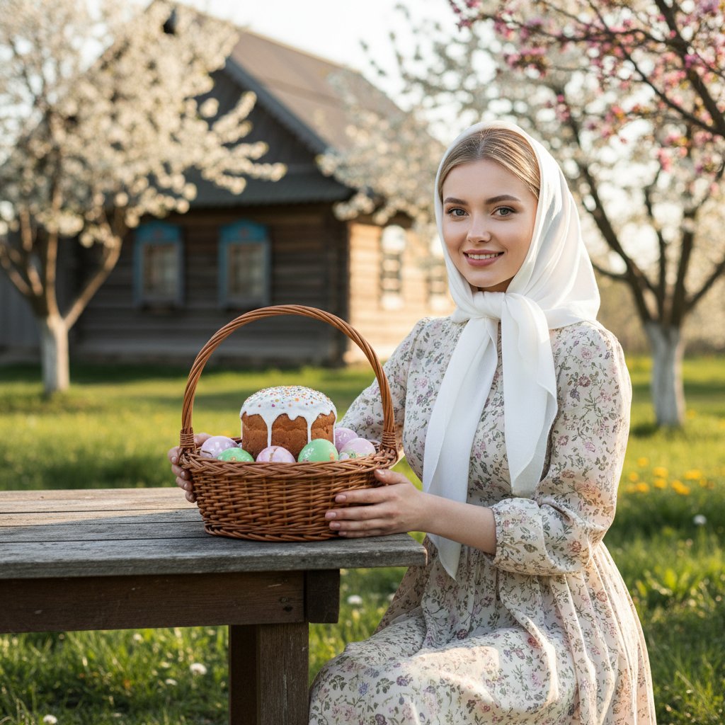 Женщина с пасхальной корзиной