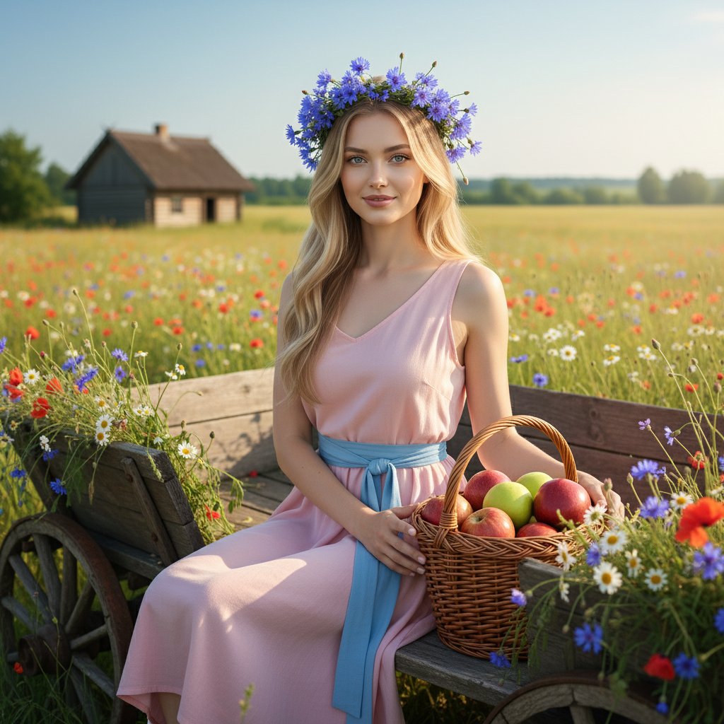Девушка с яблоками в поле