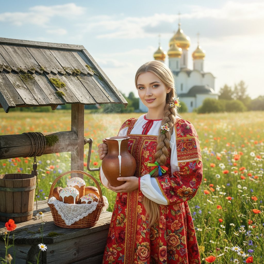 Женщина с угощениями у колодца