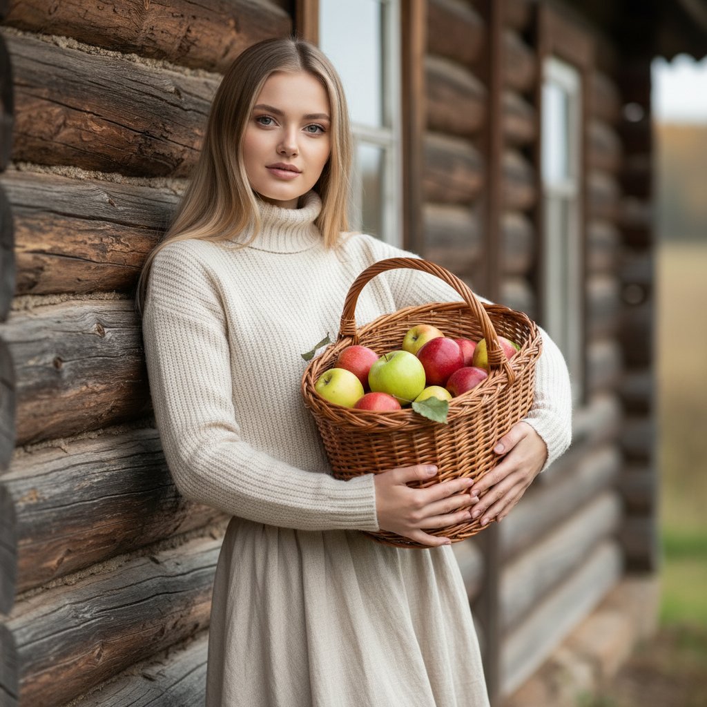 Девушка с яблоками у стены