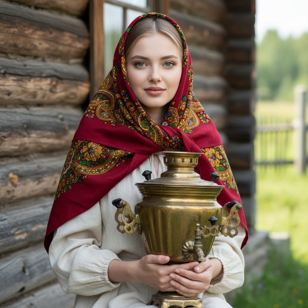 Женщина у дома с самоваром