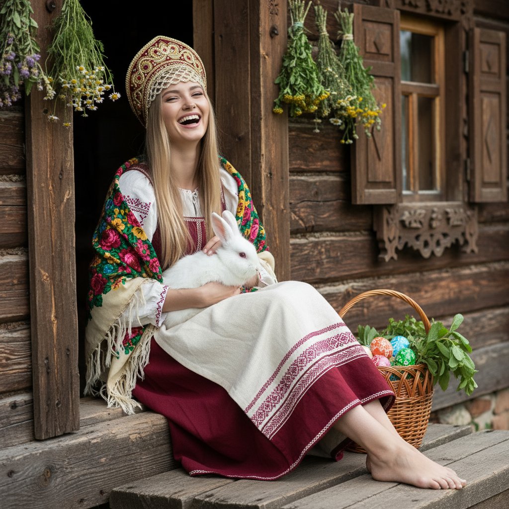 Деревенская красавица с кроликом