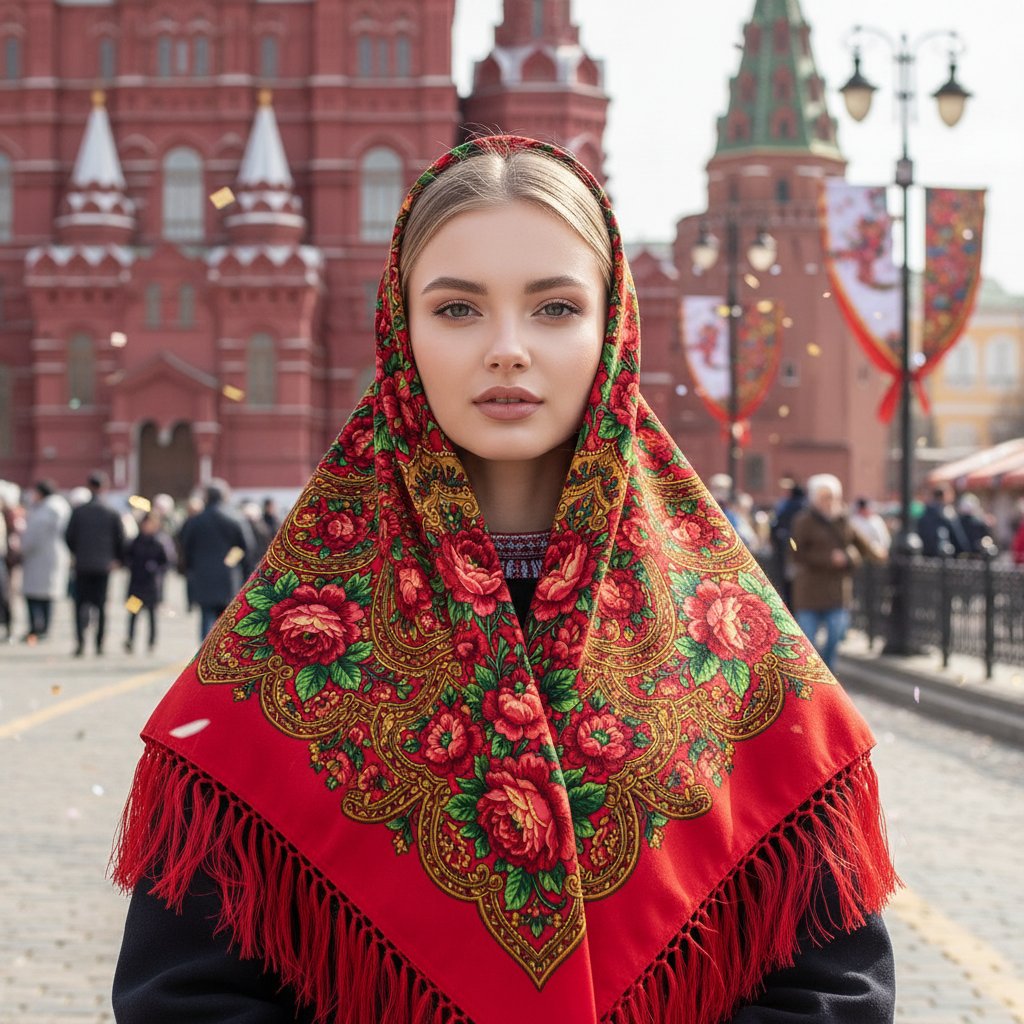 Девушка в русском платке у Кремля
