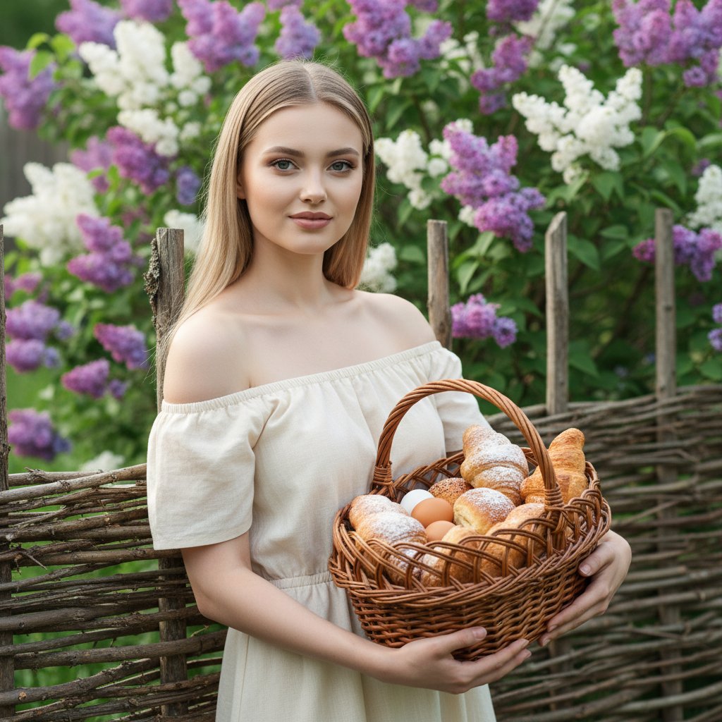 Женщина с корзиной у сирени
