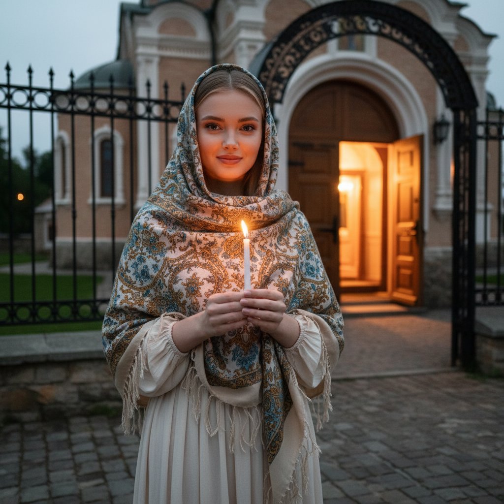 Женщина со свечой у церкви