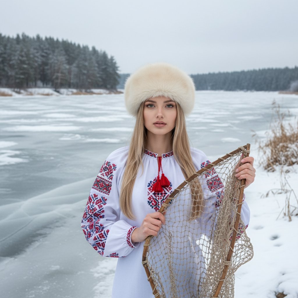 Рыбачка у ледяной реки