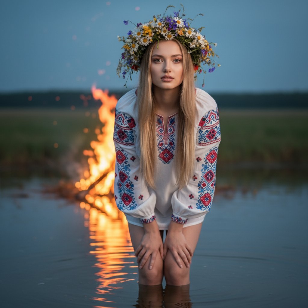 Девушка у костра в воде