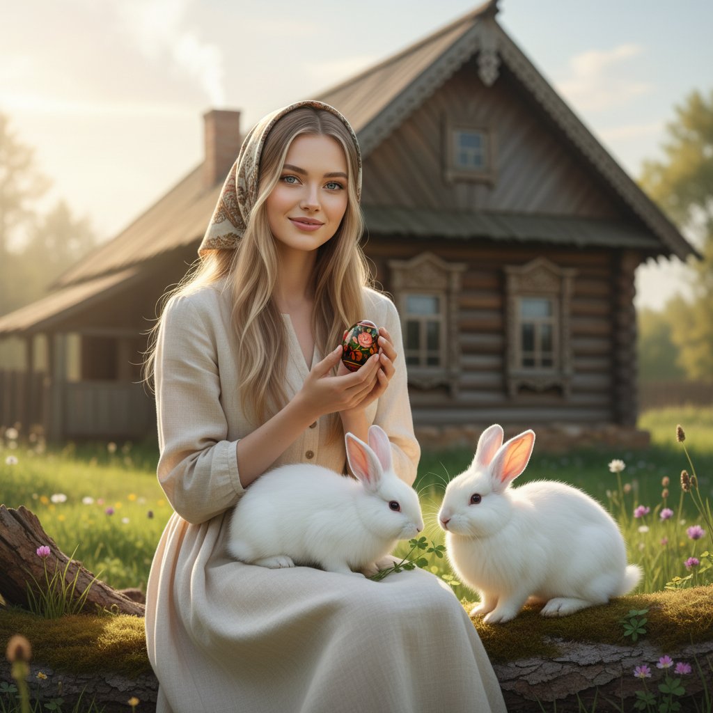 Девушка с кроликами у избы