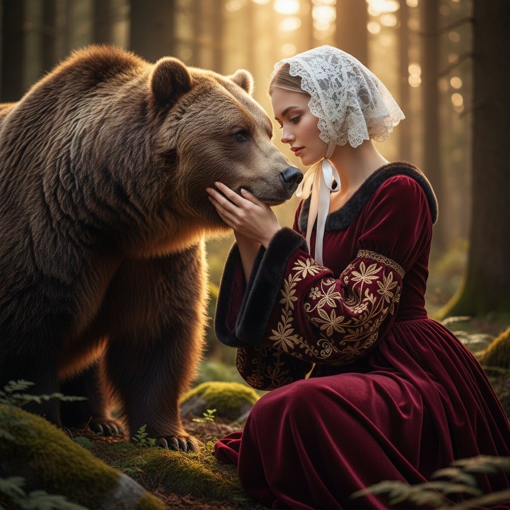 Женщина и медведь в лесу