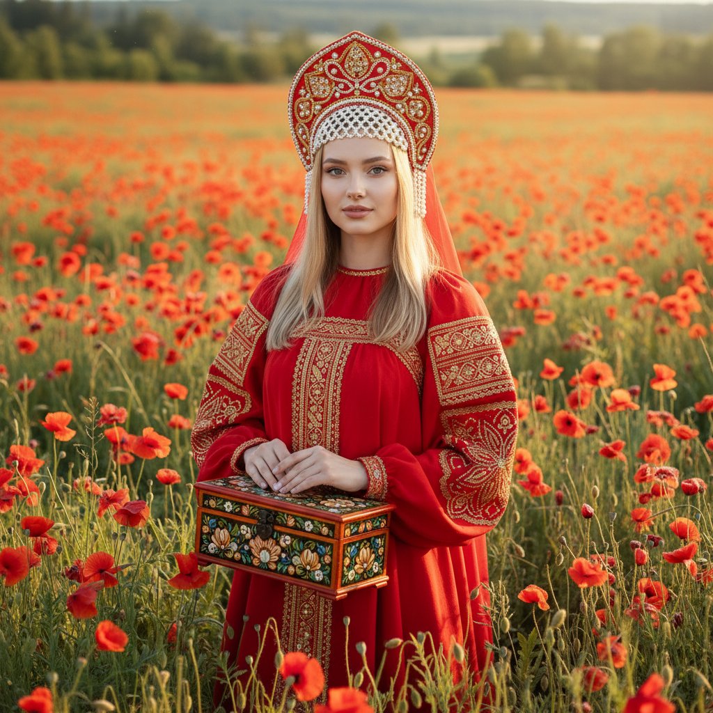 Девушка в кокошнике среди маков