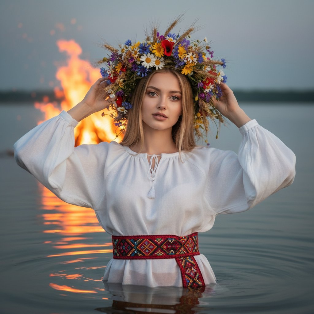 Девушка у костра в воде