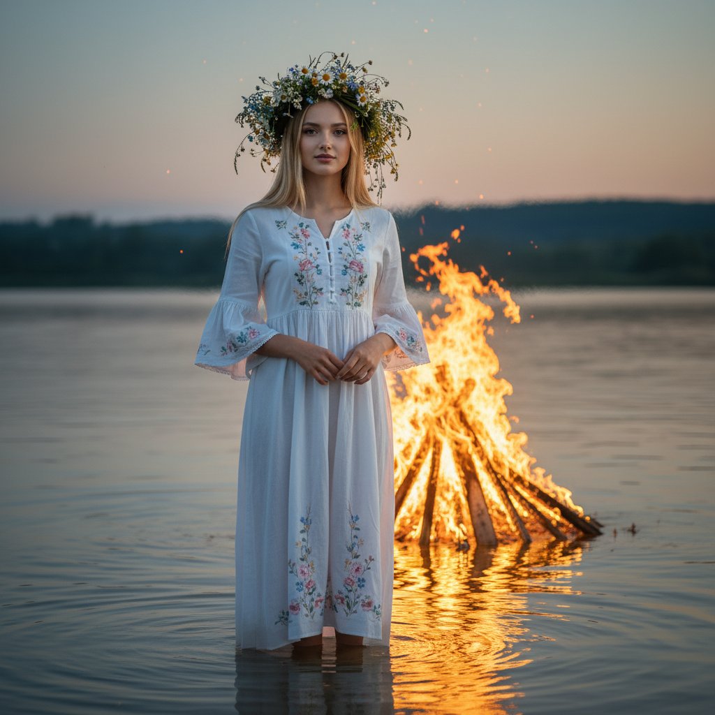 Девушка у костра в воде