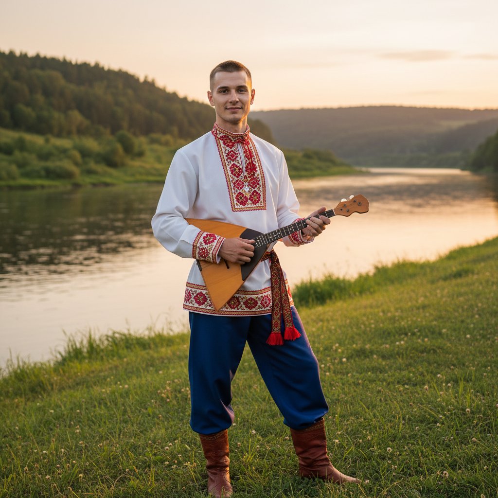 Мужчина с балалайкой у реки