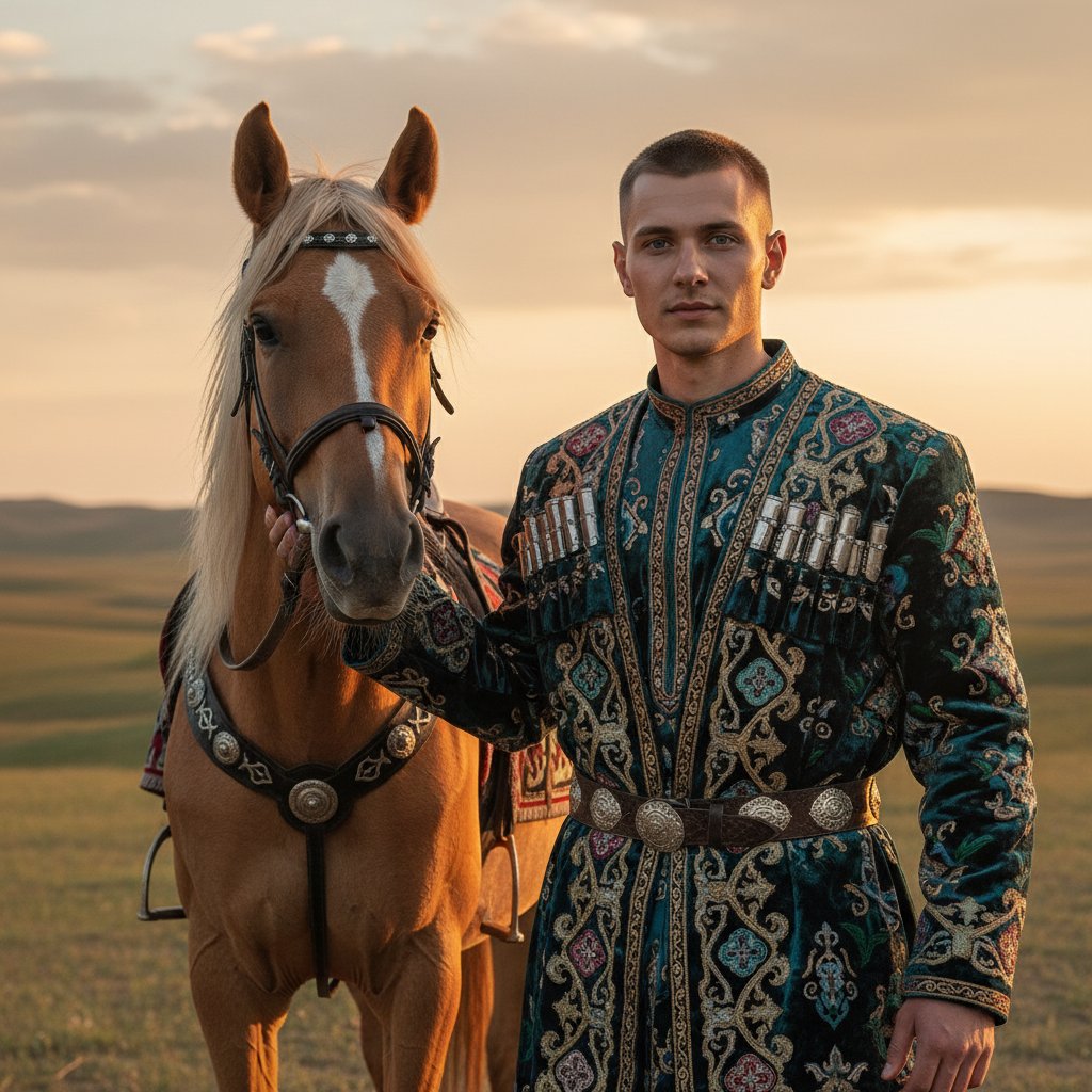 Мужчина в чапане с конем