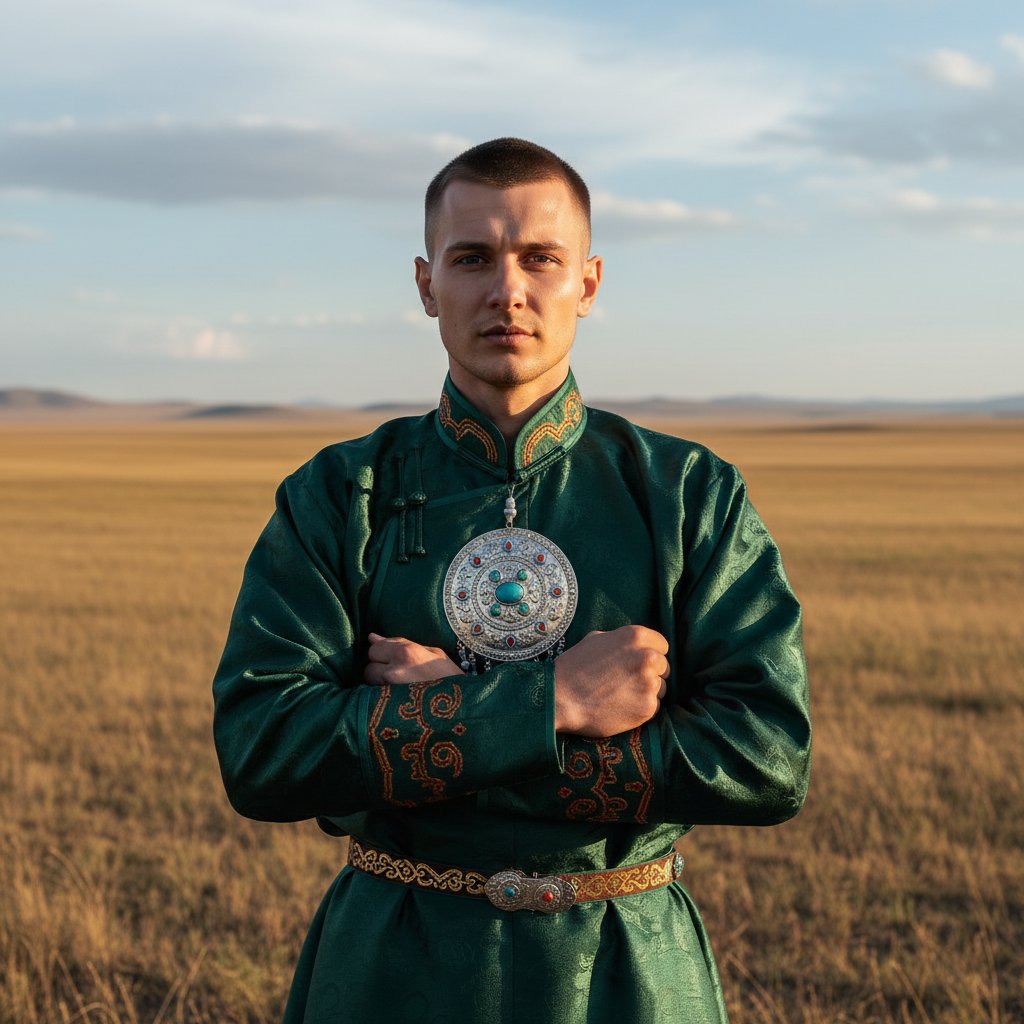Бурят в халате в степи