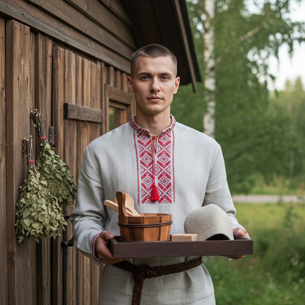 Парень у бани с вениками