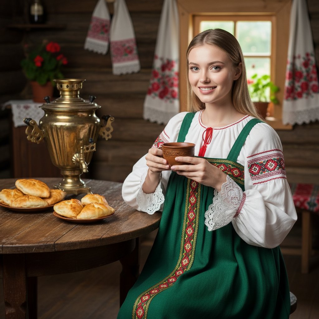Девушка с самоваром в избе
