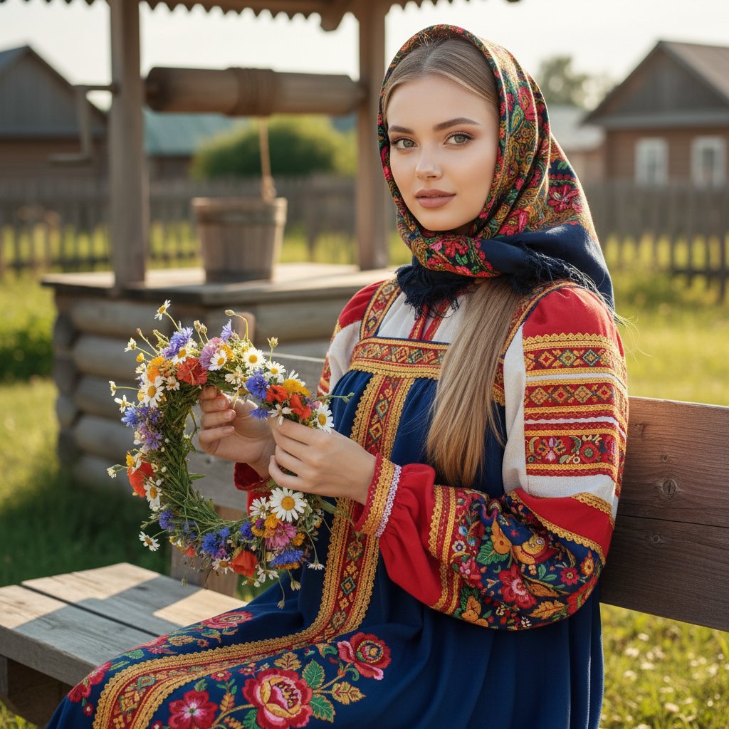 Девушка в сарафане у колодца