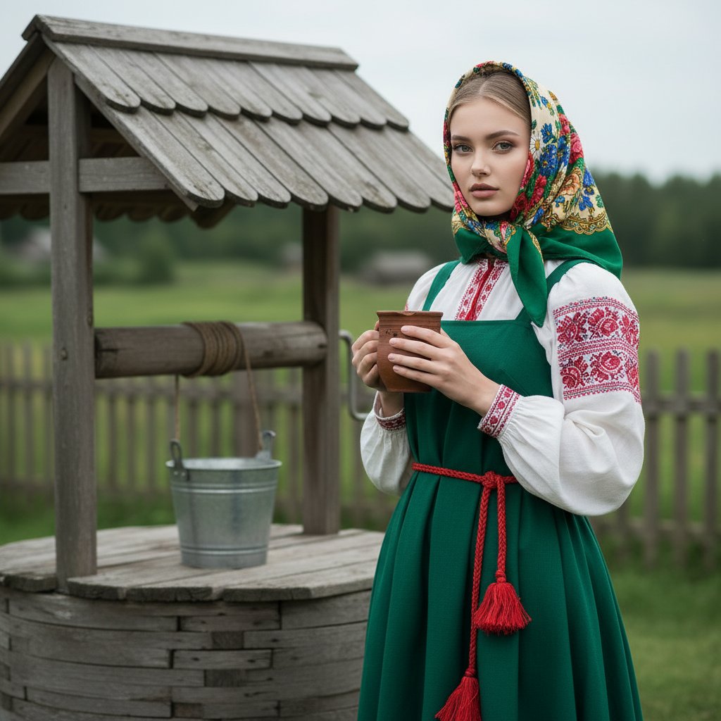 Девушка у колодца в сарафане