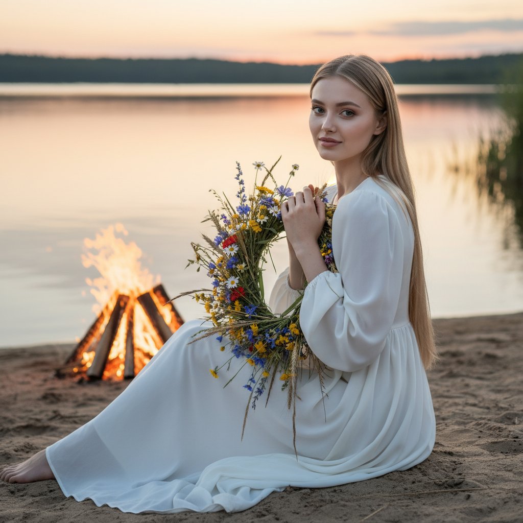 Девушка с венком у воды