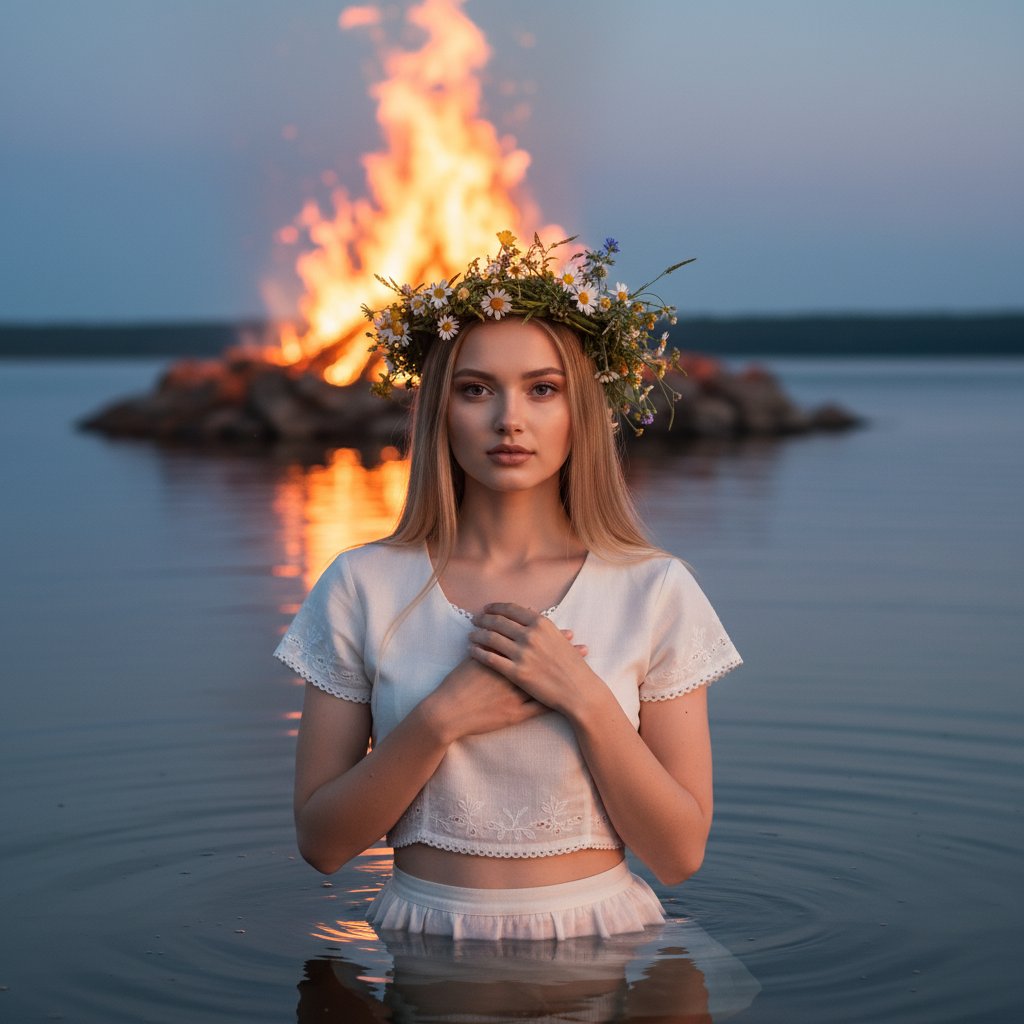 Девушка у костра на закате