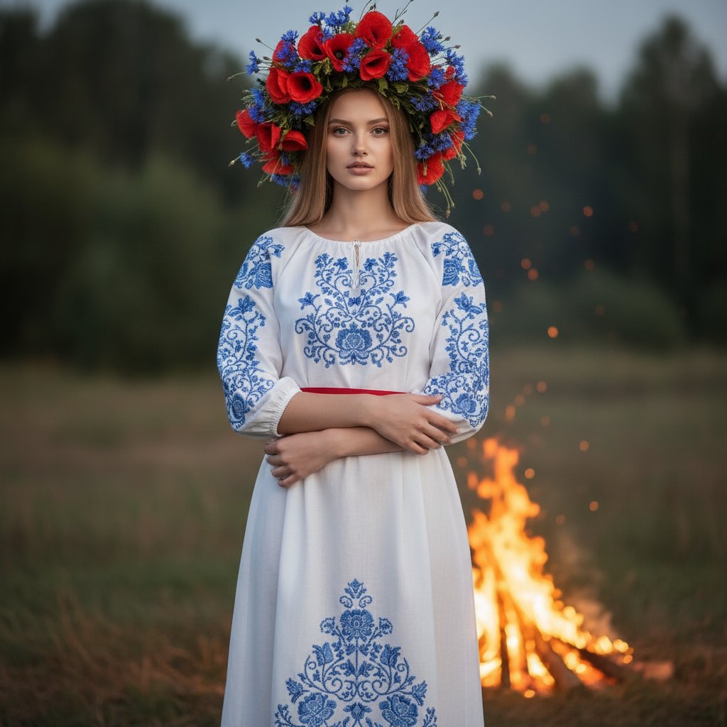 Девушка у огня в маковом венке