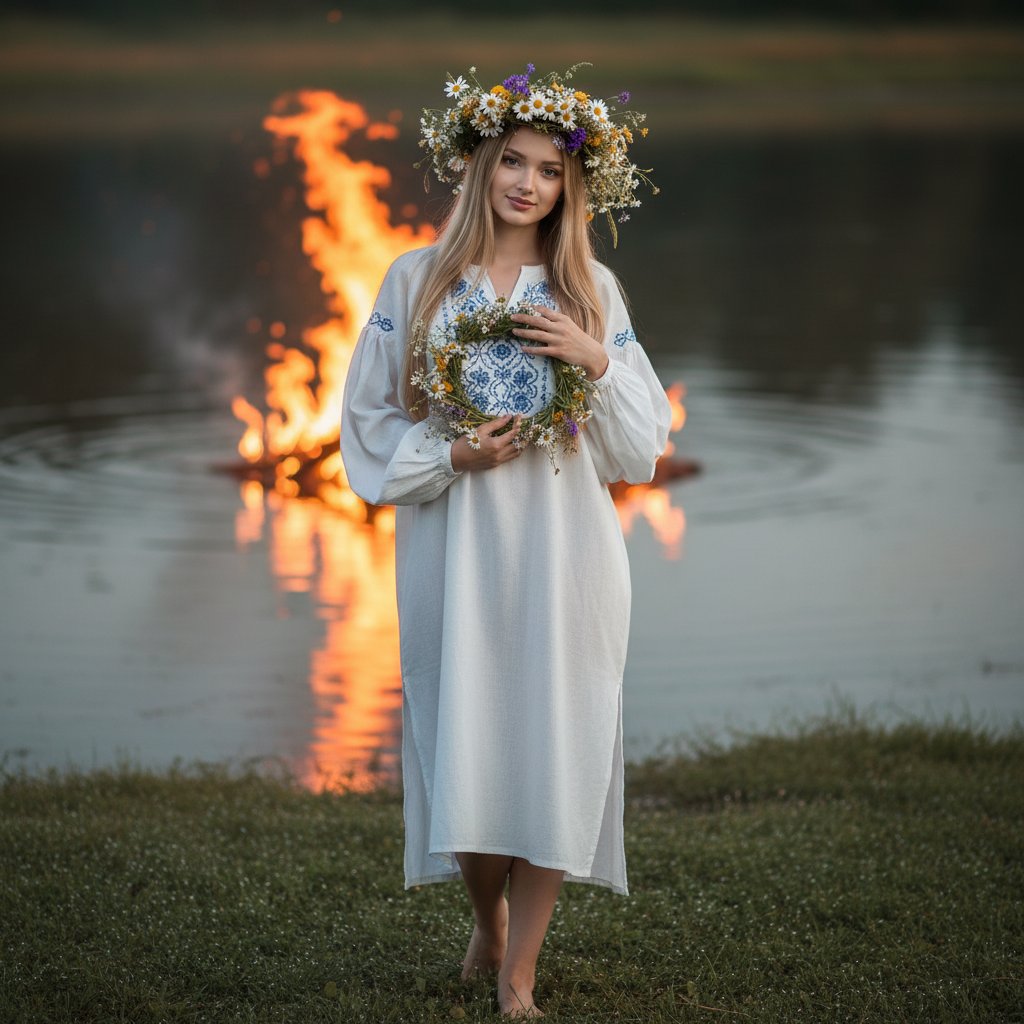 Девушка с венком у воды