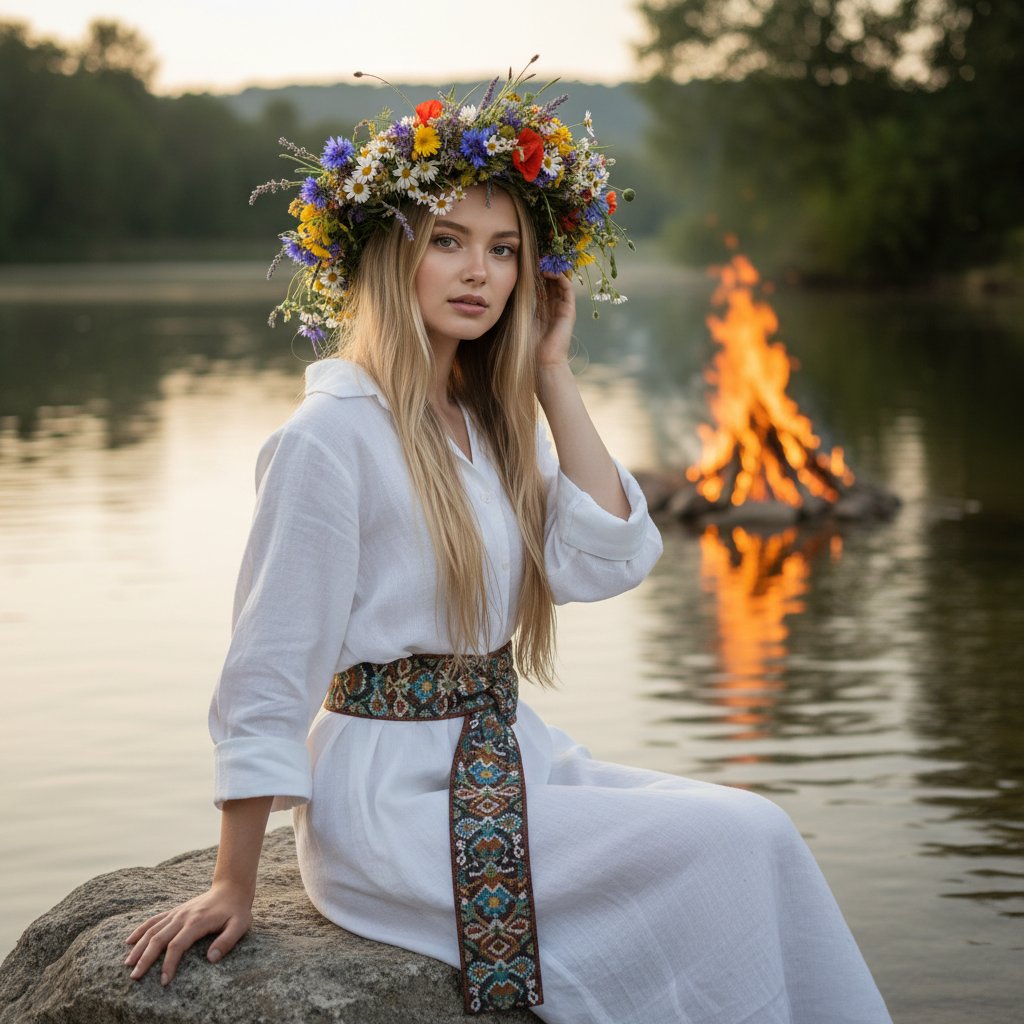 Девушка с венком у реки