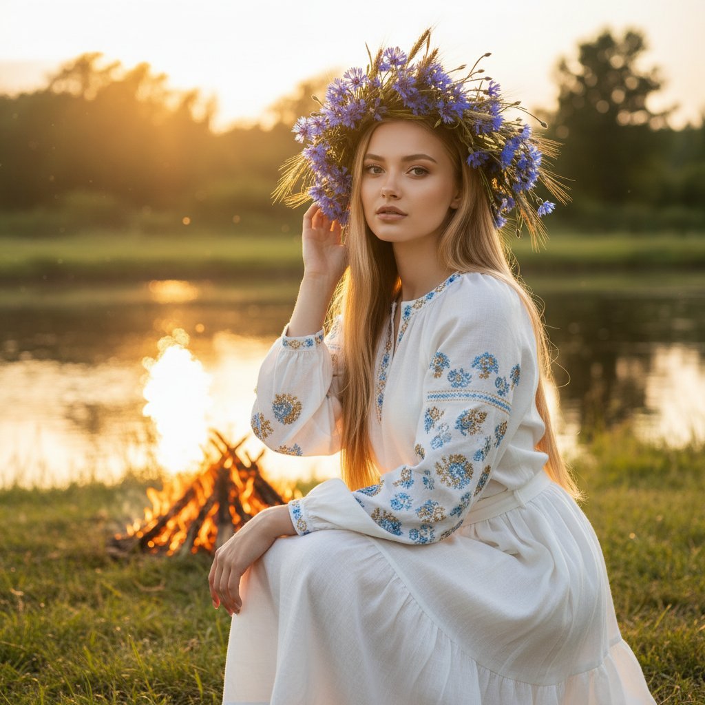 Девушка с венком у костра
