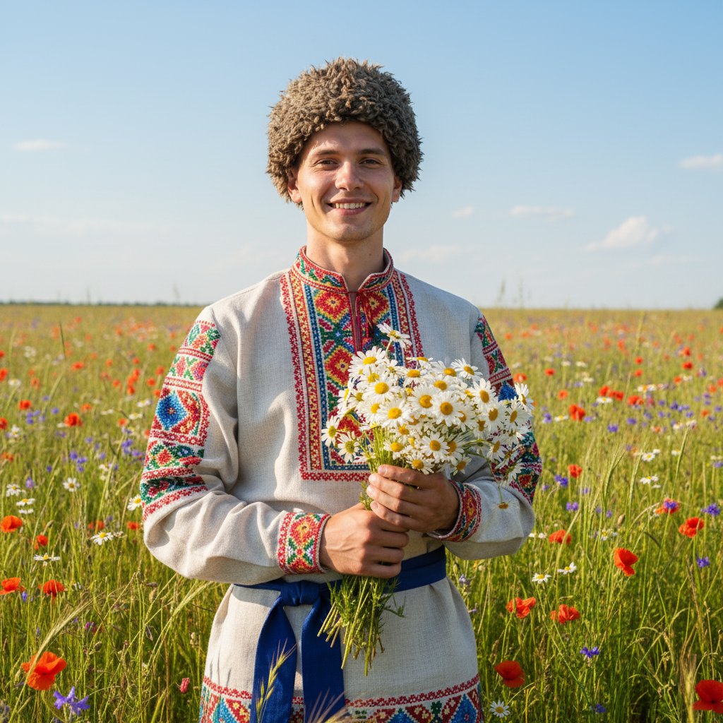 Мальчик с ромашками в поле