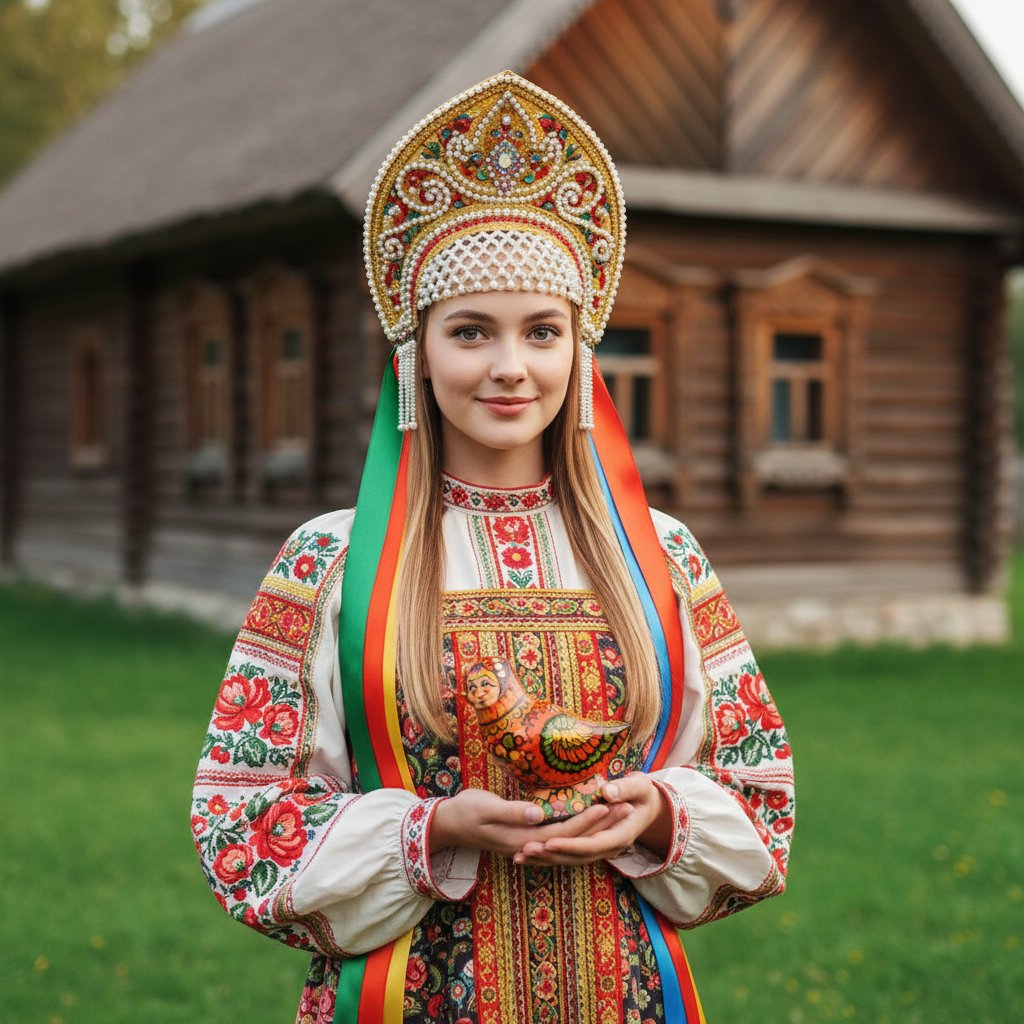 Девочка в сарафане у дома