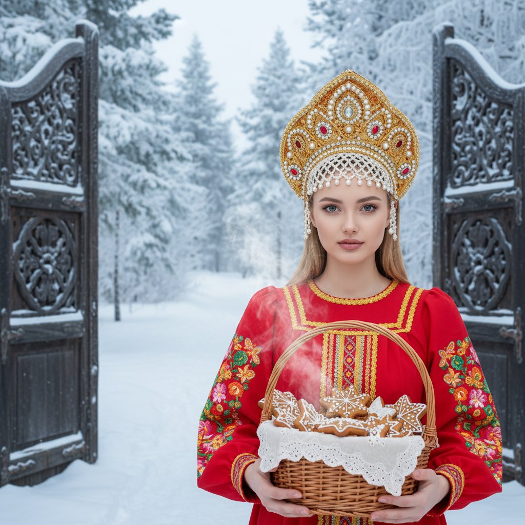 Русская красавица с угощениями