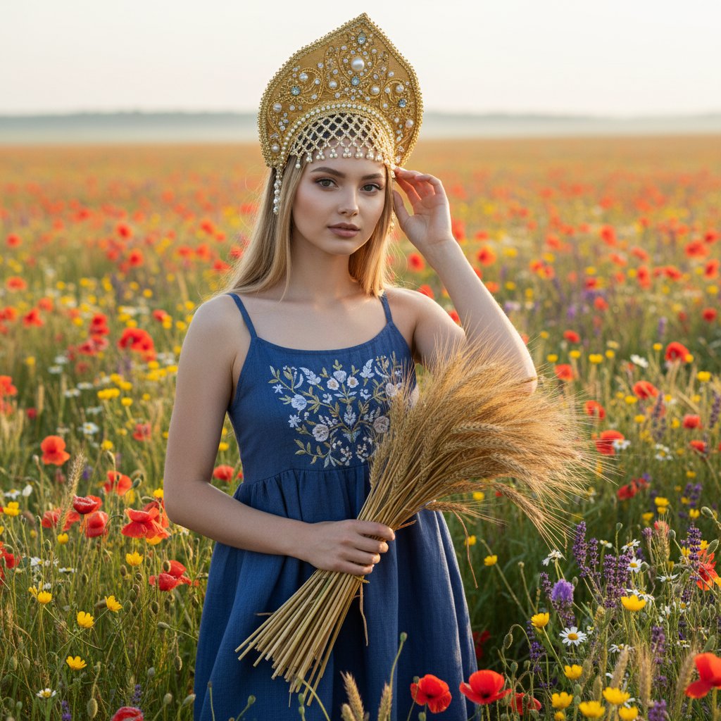 Девушка в синем на лугу