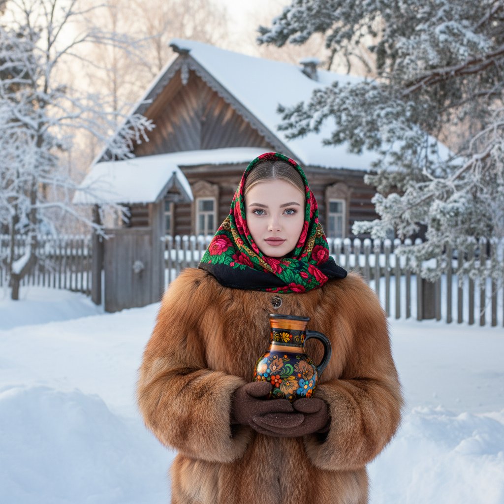 Девушка у избы в зимнем лесу