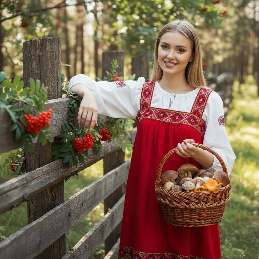 Девушка с грибами у забора