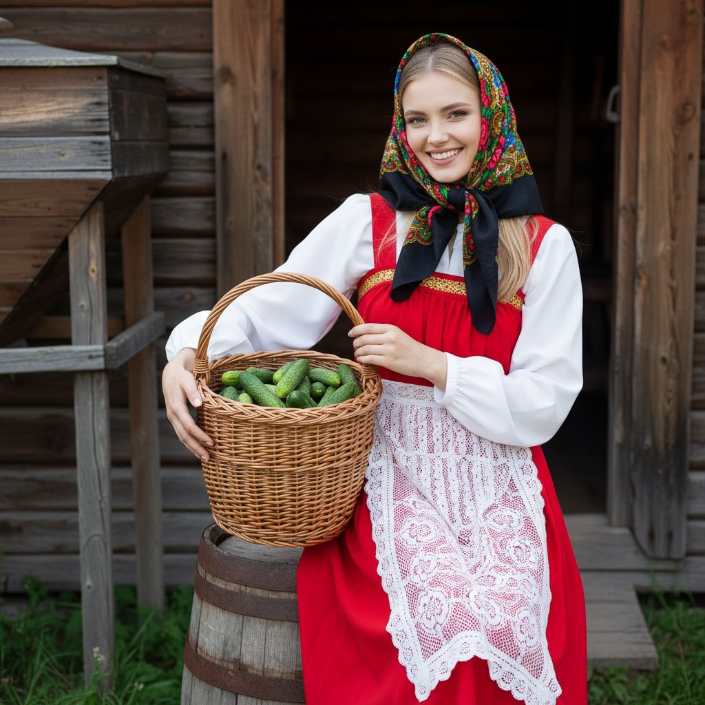 Девушка с огурцами в амбаре