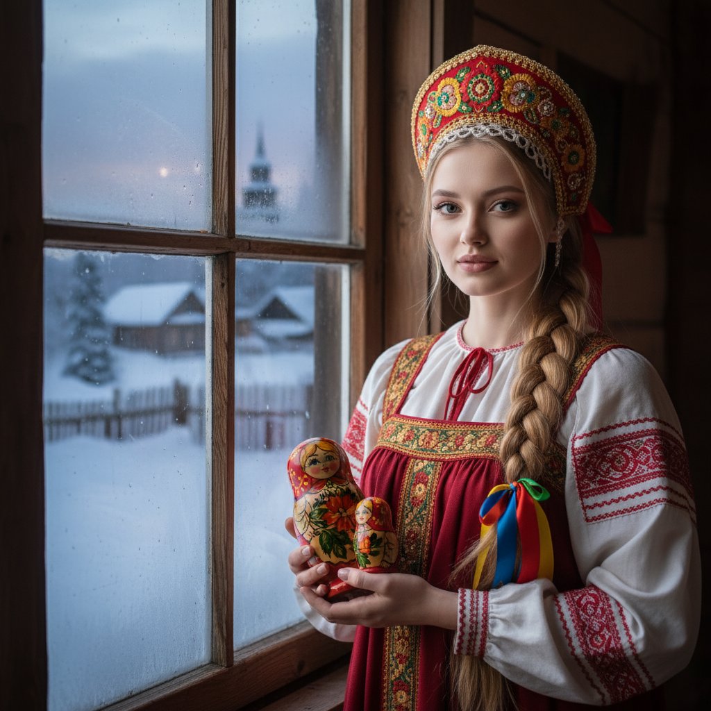 Девушка с матрёшкой у окна