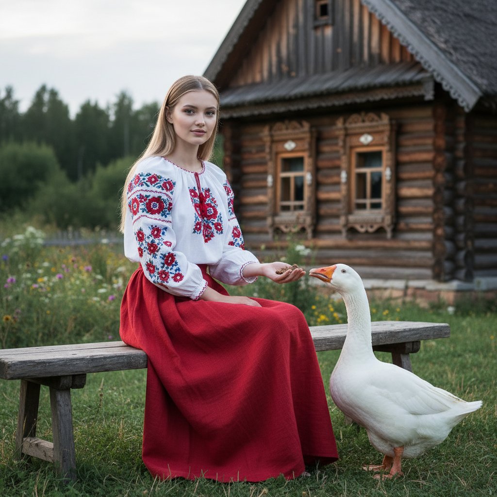 Крестьянка и гусь у избы