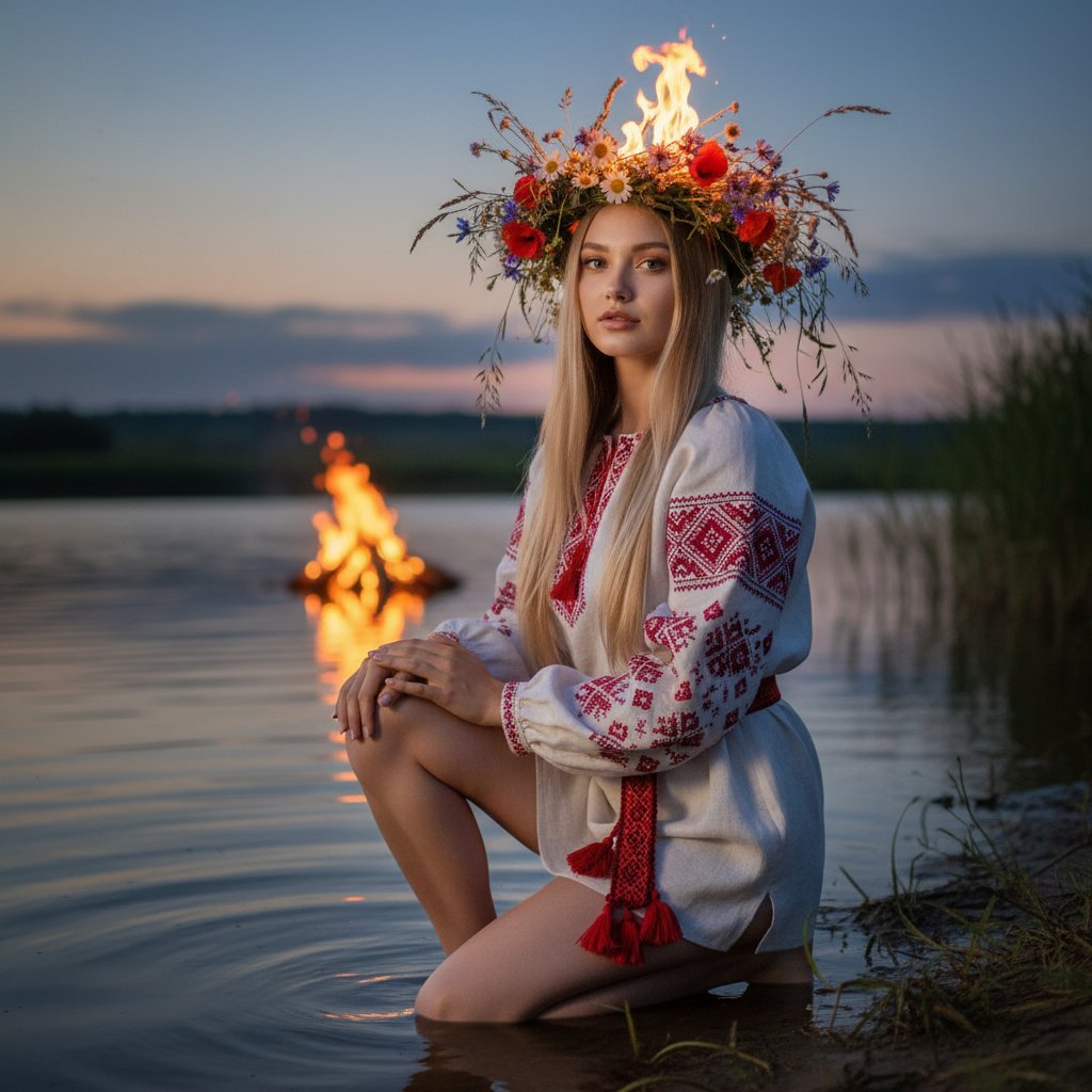 Девушка в льняной рубахе у воды